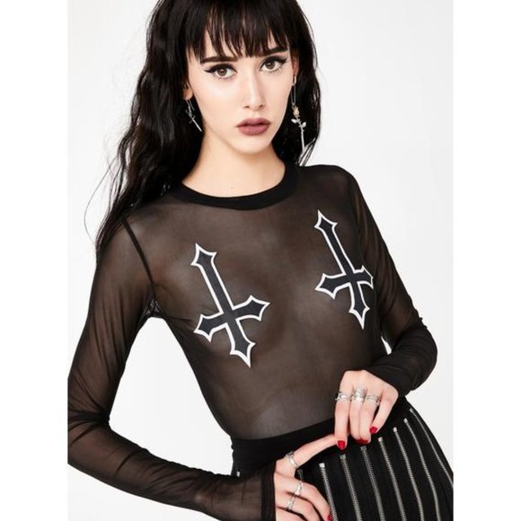 Dolls Kill Tops - Sinister Sass mesh gothic cross top